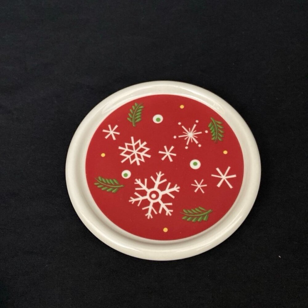 Longaberger Pottery Holiday Coaster/Lid #30004 Red w/‎ Snowflakes & Evergreens